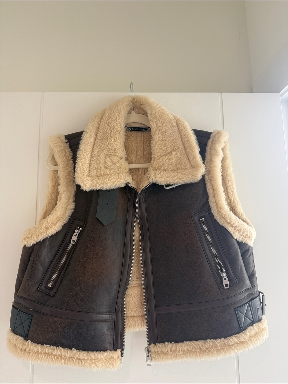 Zara Dark Brown Leather Vest with Cream Shearling Trim